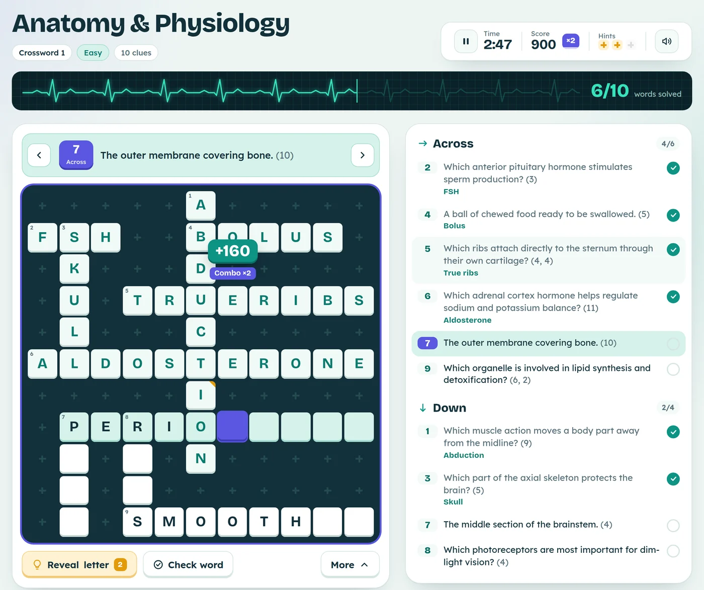 MyNursePrep crossword game with a combo score popping up over the grid