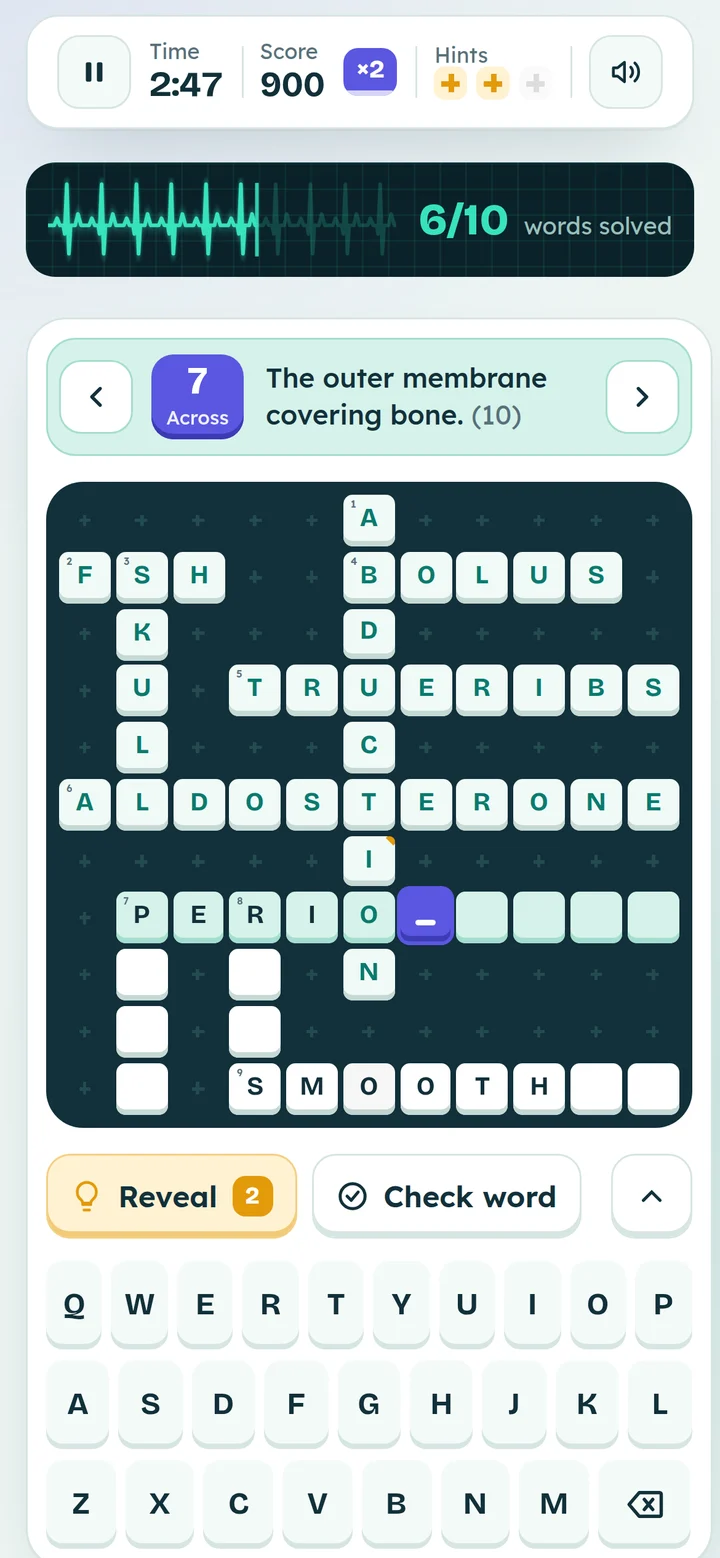 The crossword game on a phone with the on-screen keyboard